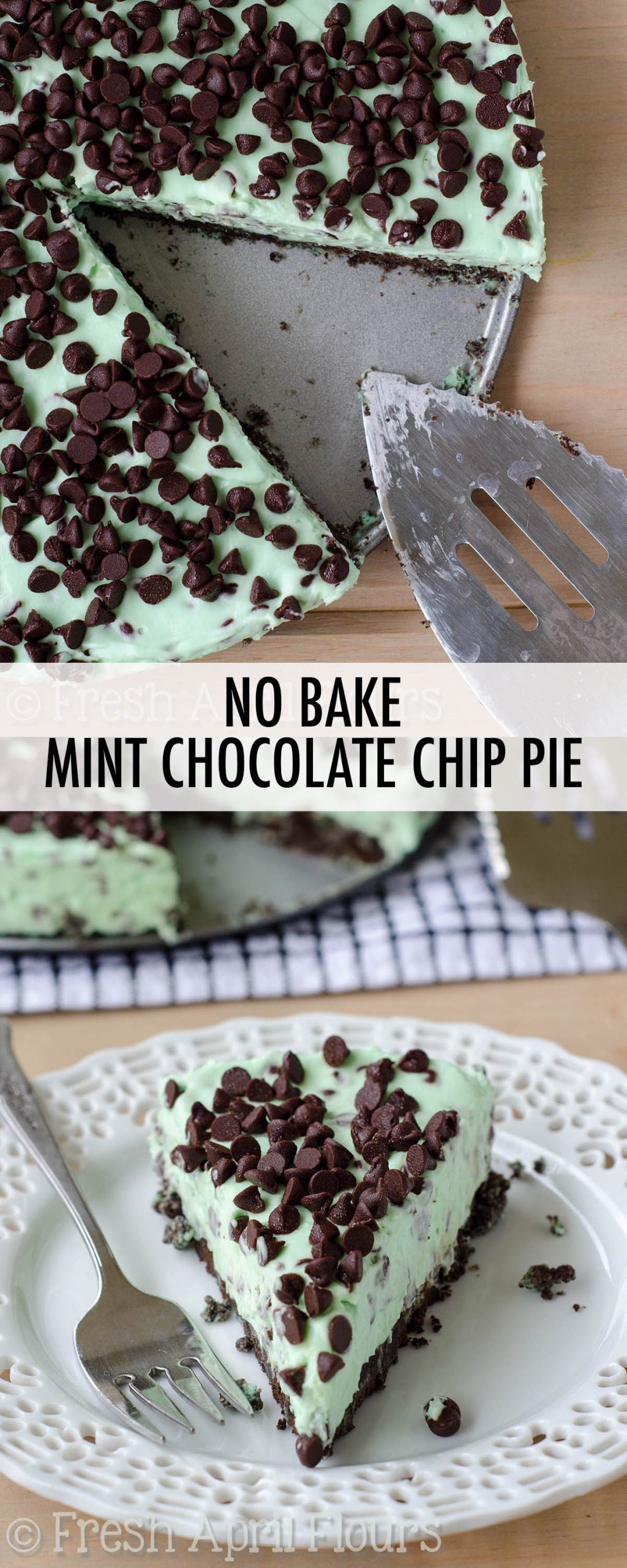 Creamy, minty filling dotted with mini chocolate chips all on top of a crunchy mint Oreo cookie crust. via @frshaprilflours