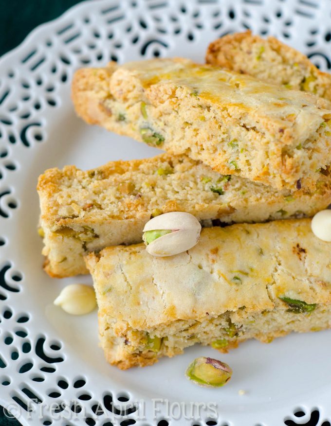 Pistachio White Chocolate Chip Biscotti: Crunchy biscotti dotted with salty pistachios and sweet, creamy white chocolate chips.
