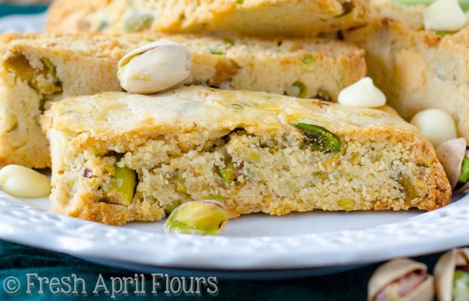 Pistachio White Chocolate Chip Biscotti: Crunchy biscotti dotted with salty pistachios and sweet, creamy white chocolate chips.