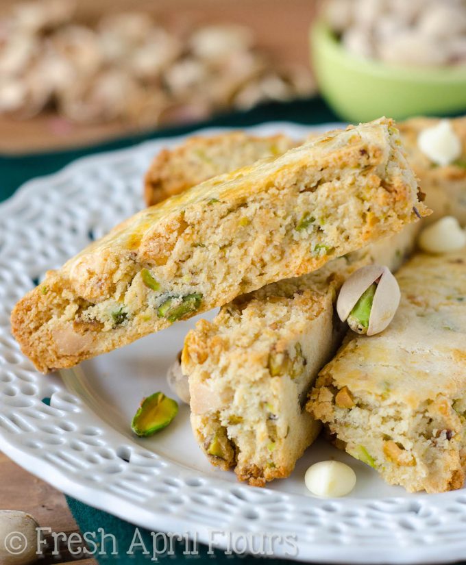 Pistachio White Chocolate Chip Biscotti: Crunchy biscotti dotted with salty pistachios and sweet, creamy white chocolate chips.