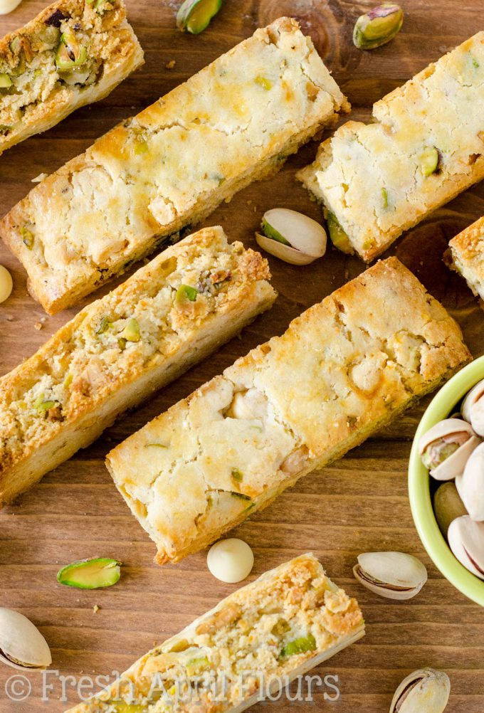 Pistachio White Chocolate Chip Biscotti: Crunchy biscotti dotted with salty pistachios and sweet, creamy white chocolate chips.