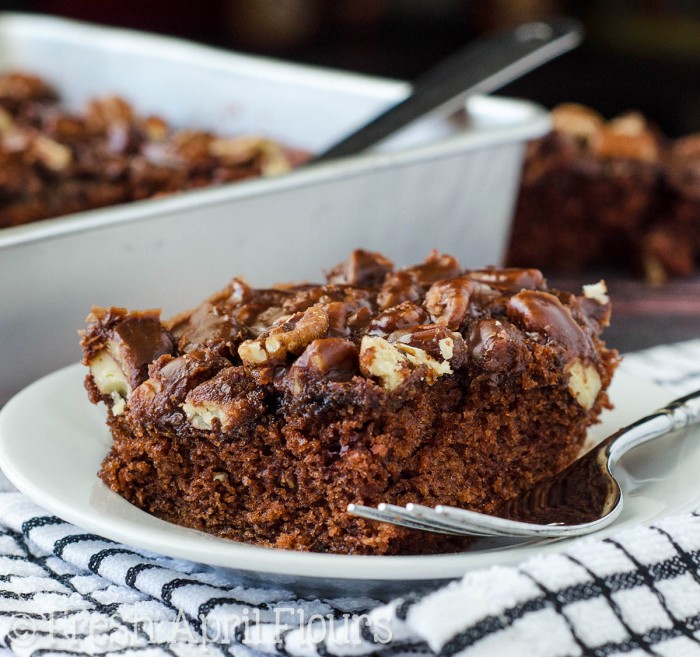 Texas Sheet Cake: Incredibly moist and chocolatey sheet cake topped with a fudgy pecan icing.