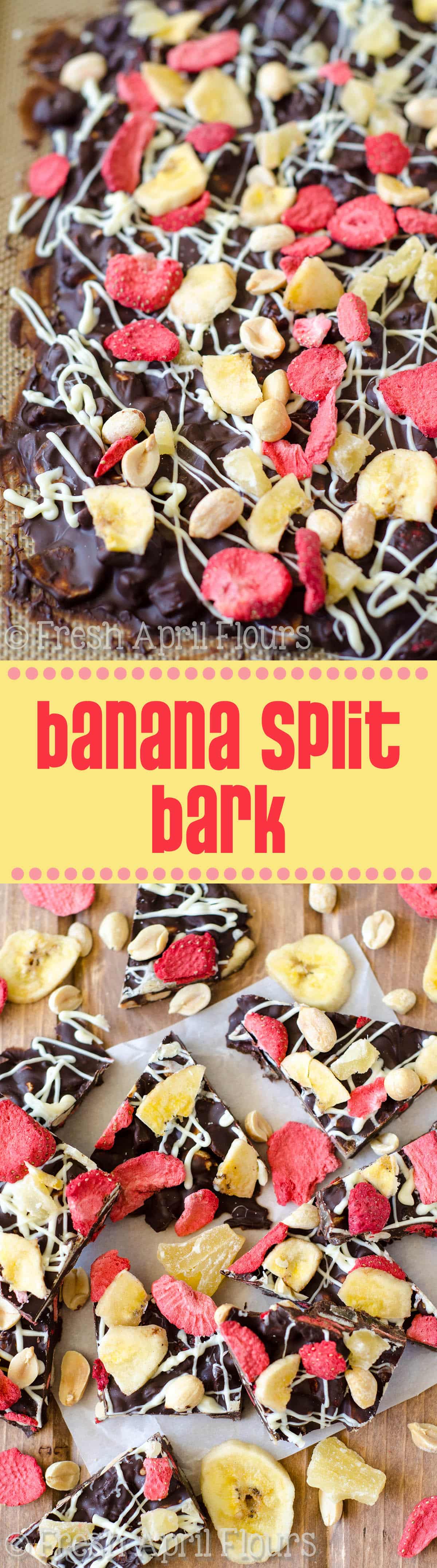 Banana Split Bark: Easy chocolate bark made with bananas, pineapples, strawberries, and peanuts. via @frshaprilflours