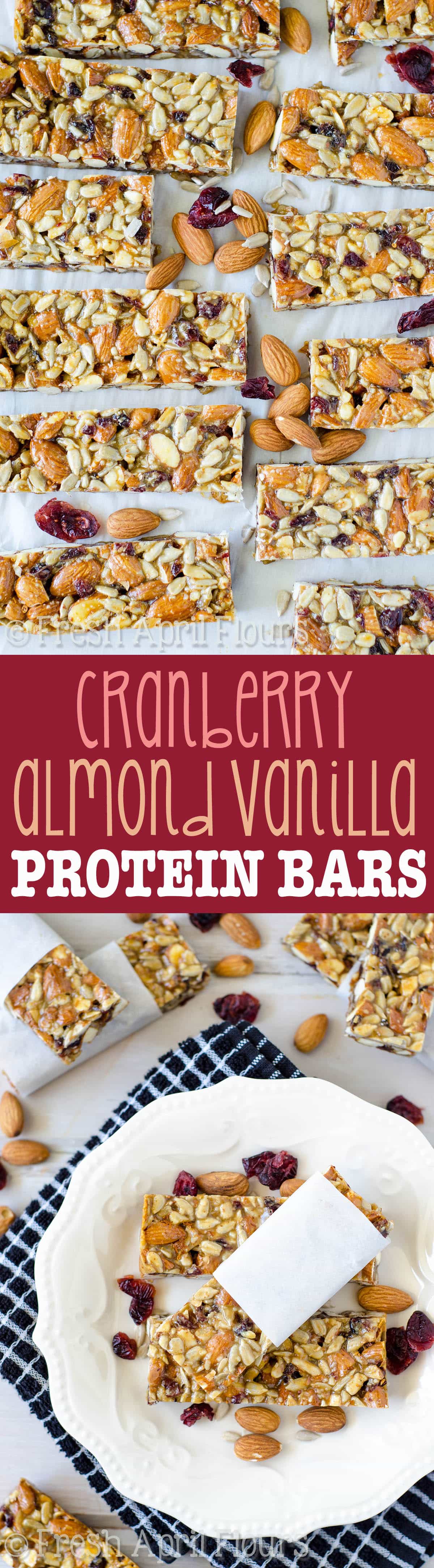 Cranberry Almond Vanilla Protein Bars: Grain free, gluten free, and wholesome protein bars filled with wholesome ingredients and a hefty dose of natural protein. Perfect for on-the-go snacking! via @frshaprilflours