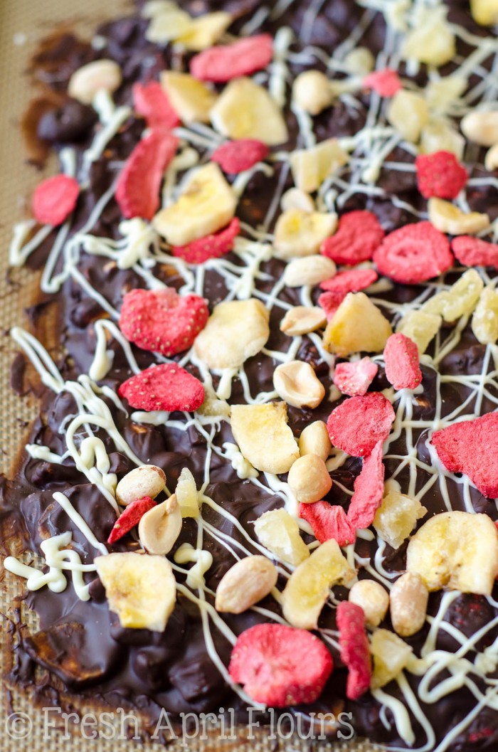 Banana Split Bark: Easy chocolate bark made with bananas, pineapples, strawberries, and peanuts.