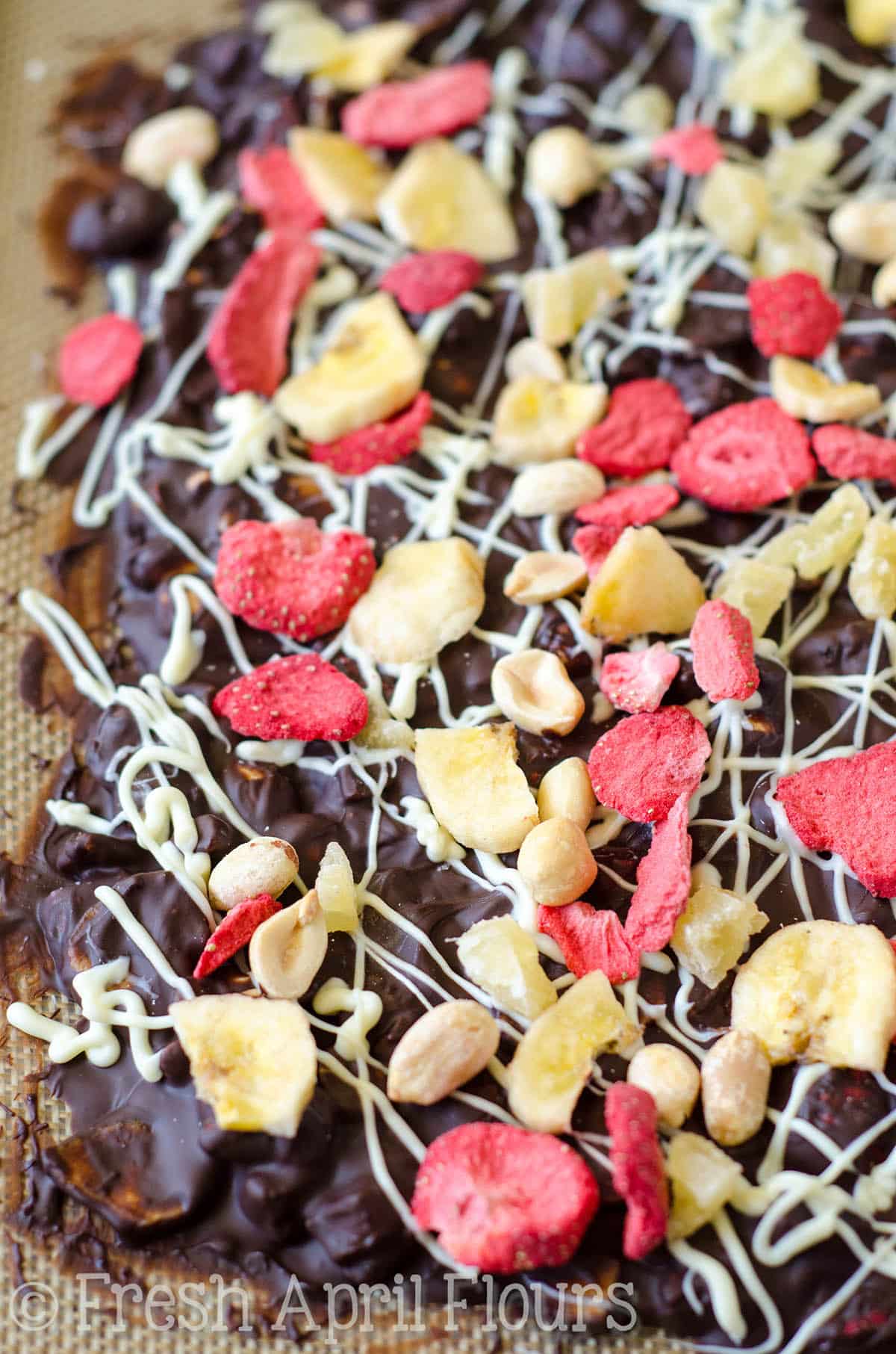 Banana Split Bark: Easy chocolate bark made with bananas, pineapples, strawberries, and peanuts.