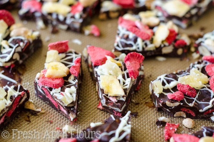 Banana Split Bark: Easy chocolate bark made with bananas, pineapples, strawberries, and peanuts.