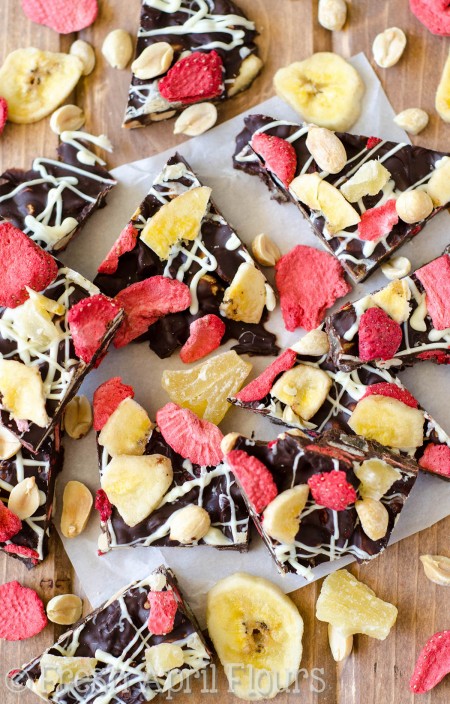 Banana Split Bark: Easy chocolate bark made with bananas, pineapples, strawberries, and peanuts.