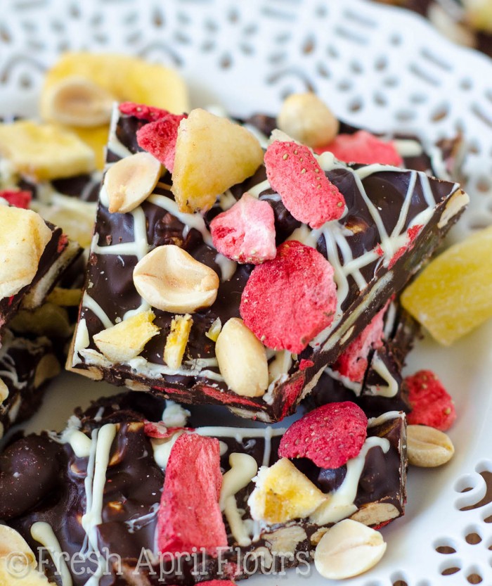 Banana Split Bark: Easy chocolate bark made with bananas, pineapples, strawberries, and peanuts.