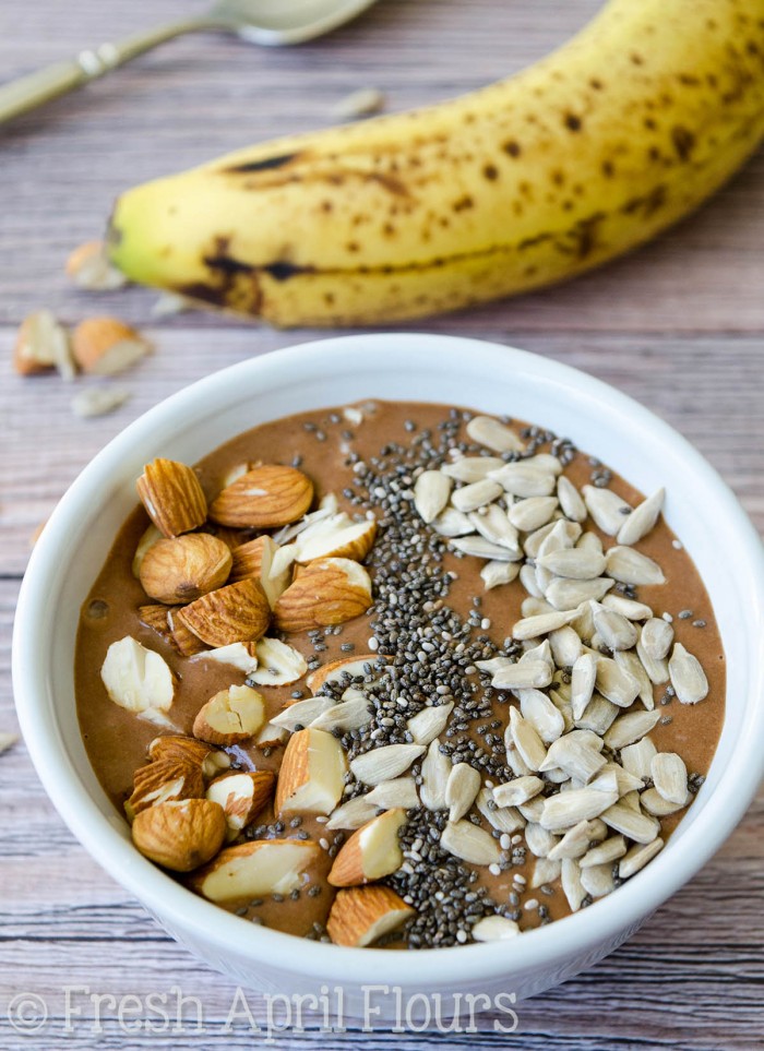 Chocolate Peanut Butter Smoothie Bowl: Thick and creamy smoothie bowl that makes you feel like you're eating a bowl of chocolate ice cream! Add any of your favorite toppings.