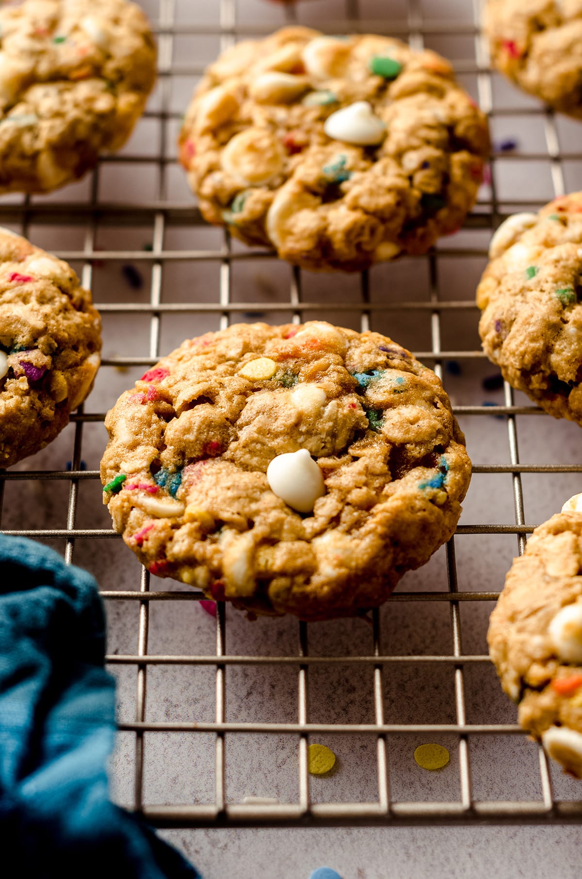 funfetti oatmeal cookies on a cooling rack