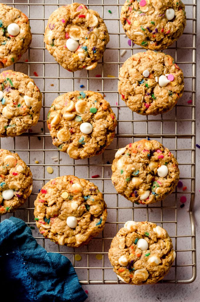 aerial photo of funfetti oatmeal cookies on a cooling rack