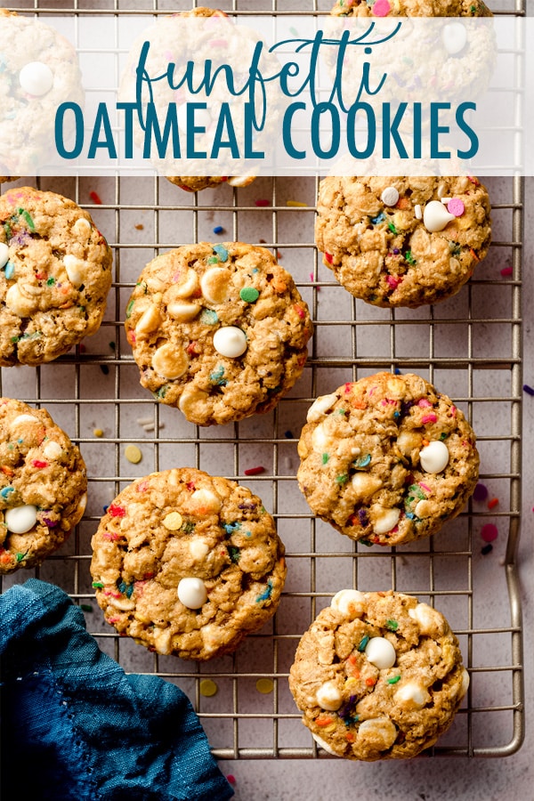 Soft and chewy oatmeal cookies filled with white chocolate chips and plenty of sprinkles for celebrating any occasion! via @frshaprilflours