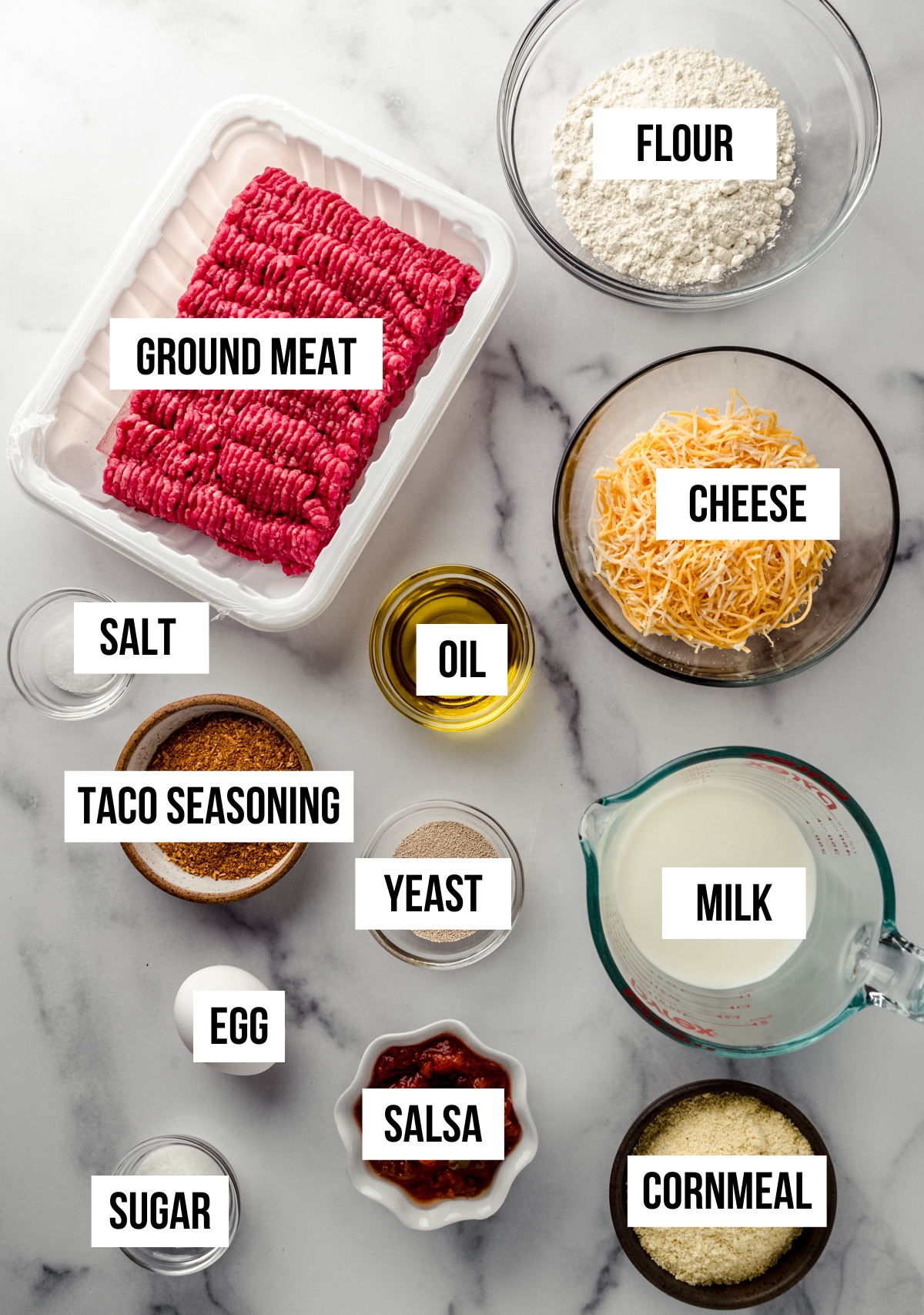 Aerial photo of ingredients for taco casserole with text overlay.