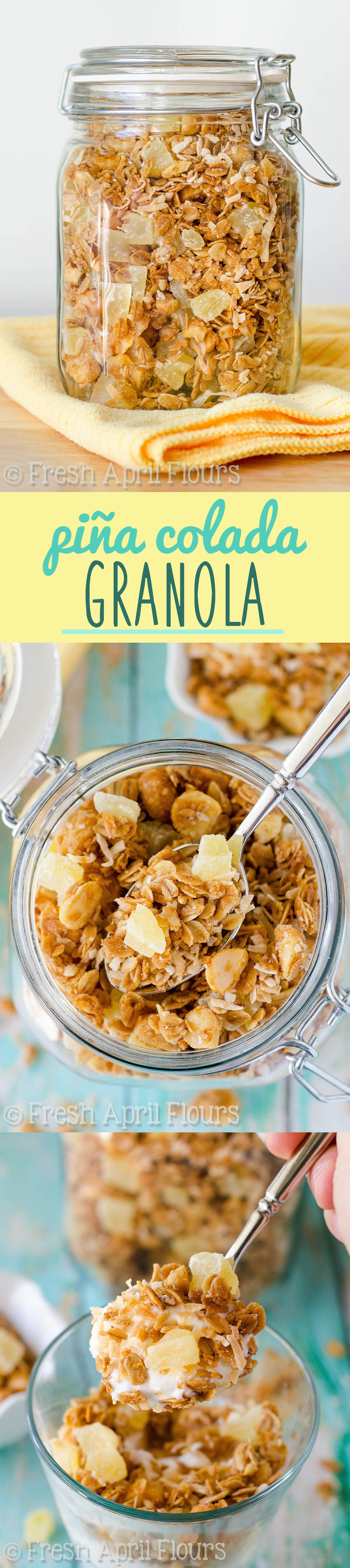 Piña Colada Granola: Homemade granola sweetened with coconut palm syrup and loaded with toasted coconut and macadamia nuts, and of course, pineapple! via @frshaprilflours
