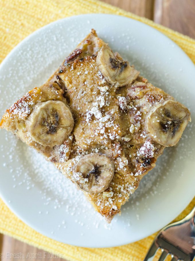 Banana Bread Pudding: A simple bread pudding made with Greek yogurt and egg custard soaked bread sweetened with brown sugar and naturally sweet bananas.