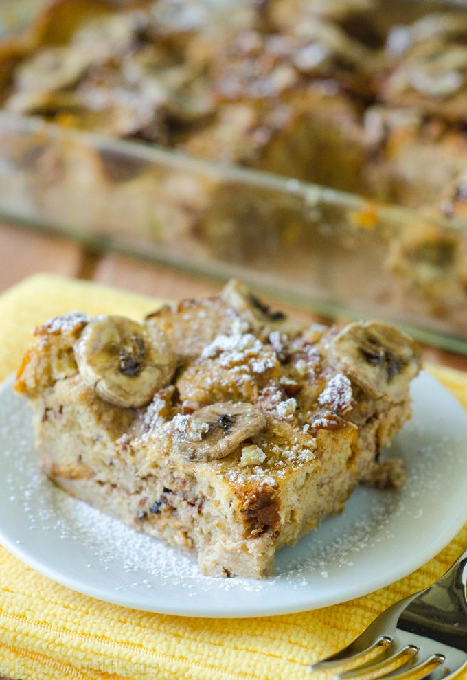 Banana Bread Pudding: A simple bread pudding made with Greek yogurt and egg custard soaked bread sweetened with brown sugar and naturally sweet bananas.