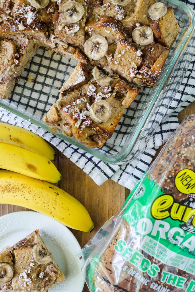 Banana Bread Pudding: A simple bread pudding made with Greek yogurt and egg custard soaked bread sweetened with brown sugar and naturally sweet bananas.