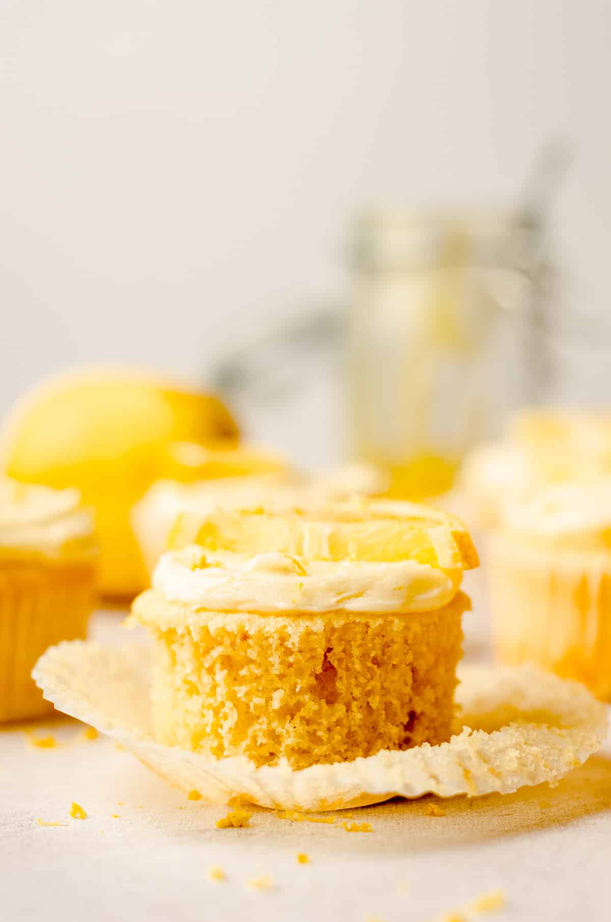 triple lemon cupcake with the wrapper taken off