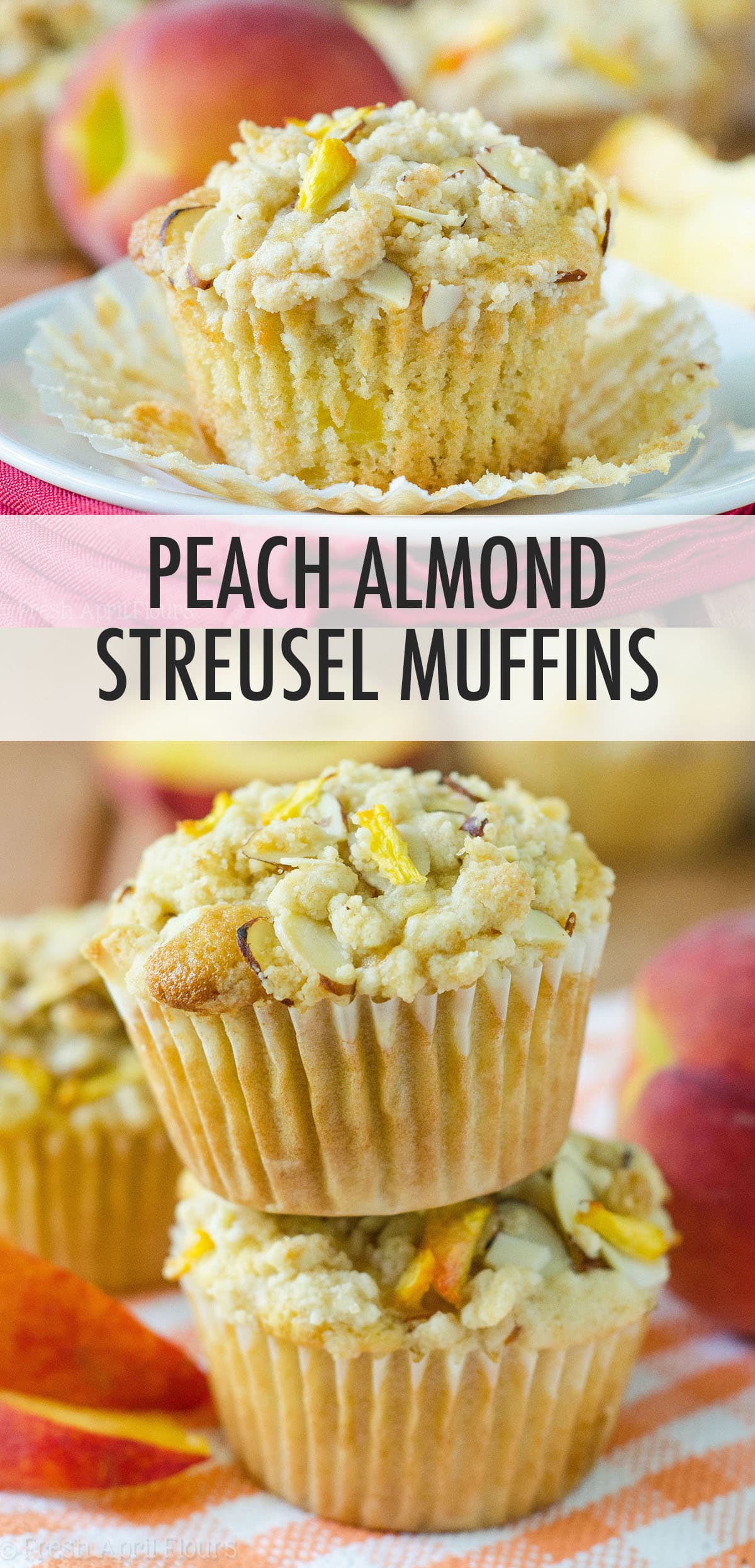 Moist and tender peach muffins, accented with almond extract and topped with a sweet and crunchy almond streusel. via @frshaprilflours