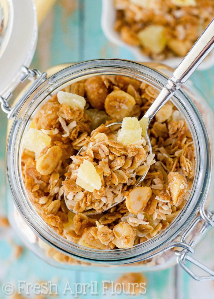 Piña Colada Granola: Homemade granola sweetened with coconut palm syrup and loaded with toasted coconut and macadamia nuts, and of course, pineapple!