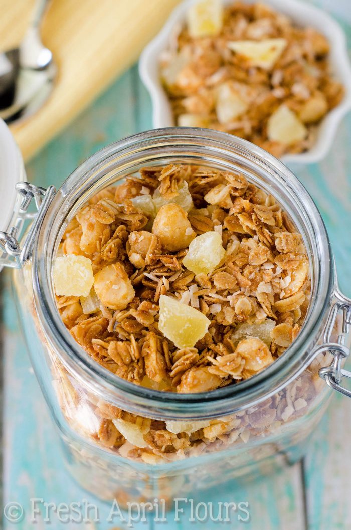 Piña Colada Granola: Homemade granola sweetened with coconut palm syrup and loaded with toasted coconut and macadamia nuts, and of course, pineapple!