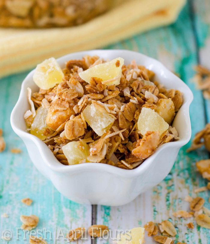 Piña Colada Granola: Homemade granola sweetened with coconut palm syrup and loaded with toasted coconut and macadamia nuts, and of course, pineapple!