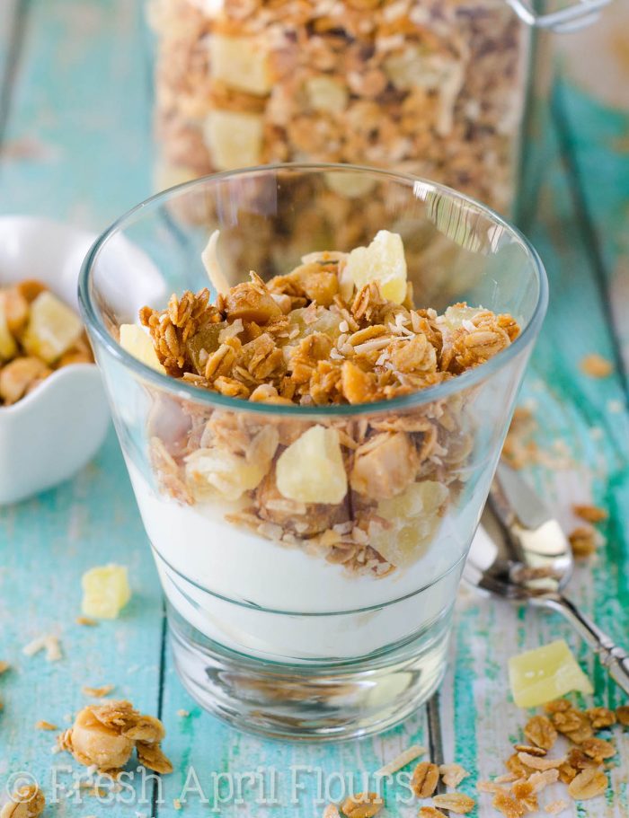 Piña Colada Granola: Homemade granola sweetened with coconut palm syrup and loaded with toasted coconut and macadamia nuts, and of course, pineapple!