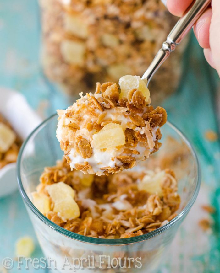 Piña Colada Granola: Homemade granola sweetened with coconut palm syrup and loaded with toasted coconut and macadamia nuts, and of course, pineapple!