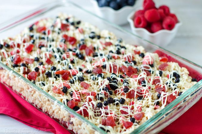Red, White, & Blue Rice Krispies Treats: A patriotic twist on the classic featuring dried fruit and white chocolate-- use blueberries, strawberries, raspberries, and/or cherries for a berry version fit for any American celebration!
