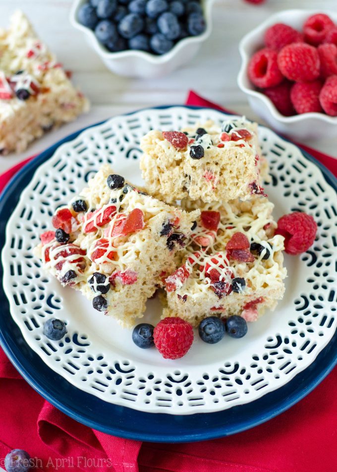 Red, White, & Blue Rice Krispies Treats: A patriotic twist on the classic featuring dried fruit and white chocolate-- use blueberries, strawberries, raspberries, and/or cherries for a berry version fit for any American celebration!