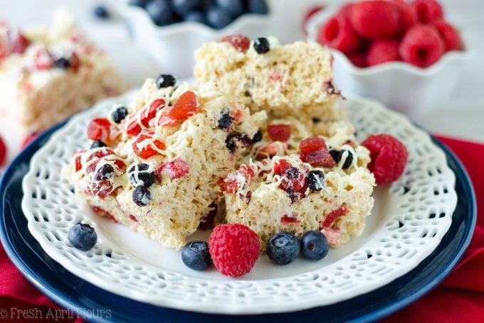 Red, White, & Blue Rice Krispies Treats: A patriotic twist on the classic featuring dried fruit and white chocolate-- use blueberries, strawberries, raspberries, and/or cherries for a berry version fit for any American celebration!