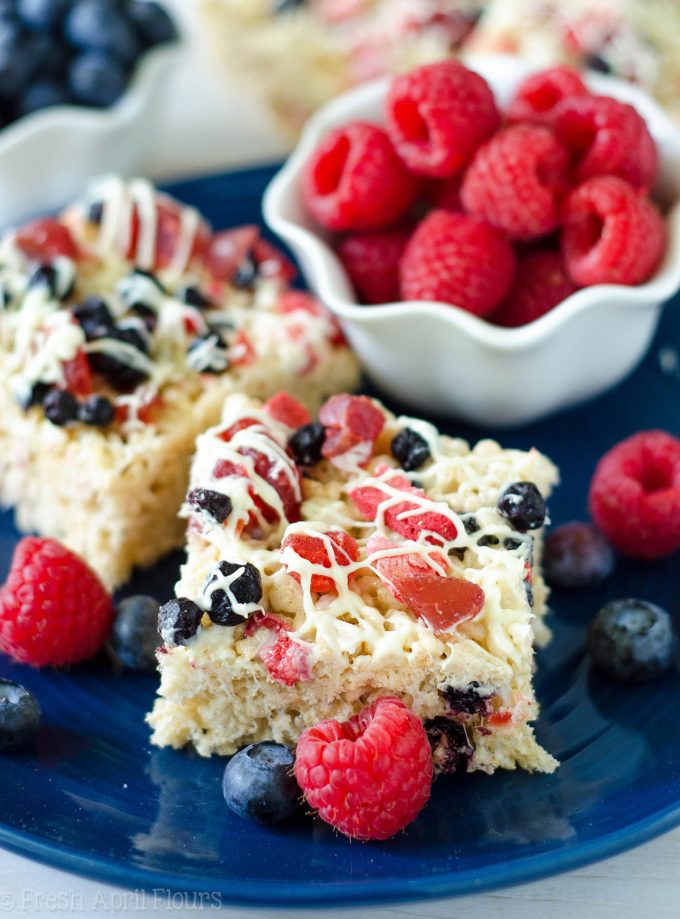 Red, White, & Blue Rice Krispies Treats: A patriotic twist on the classic featuring dried fruit and white chocolate-- use blueberries, strawberries, raspberries, and/or cherries for a berry version fit for any American celebration!