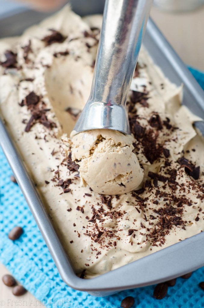 No Churn Coffee Ice Cream: Creamy, full-bodied coffee ice cream complemented by rich chocolate chunks.