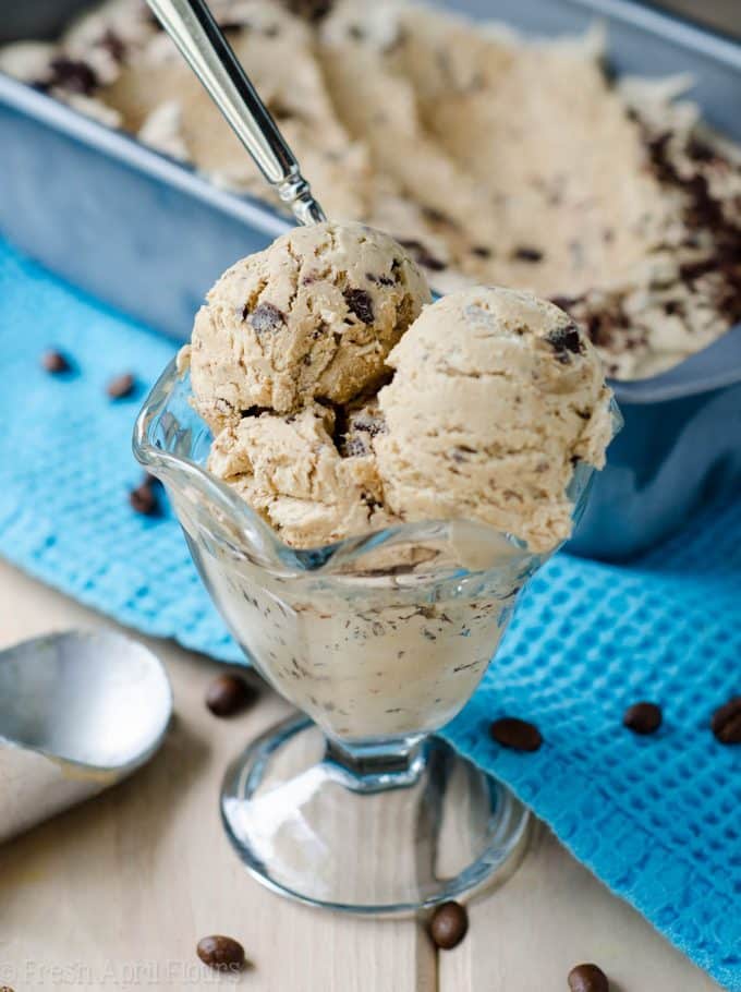 No Churn Coffee Ice Cream: Creamy, full-bodied coffee ice cream complemented by rich chocolate chunks.