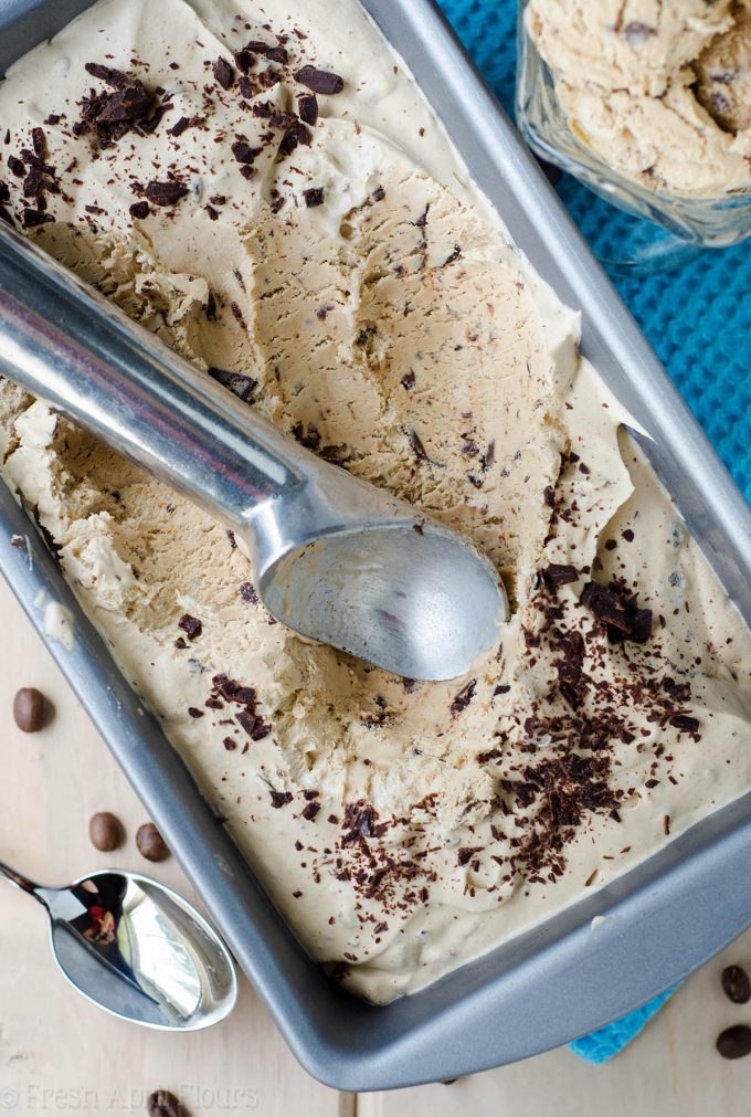 No Churn Coffee Ice Cream: Creamy, full-bodied coffee ice cream complemented by rich chocolate chunks.