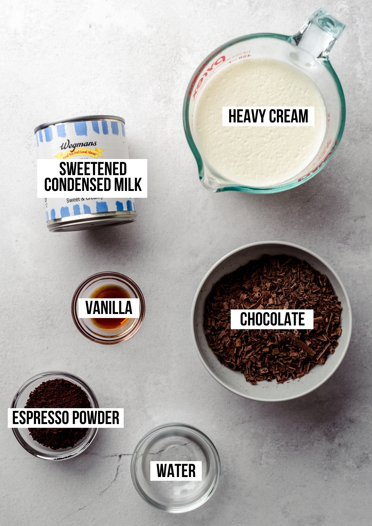 Aerial photo of ingredients to make no churn coffee ice cream with text overlay labeling each ingredient.