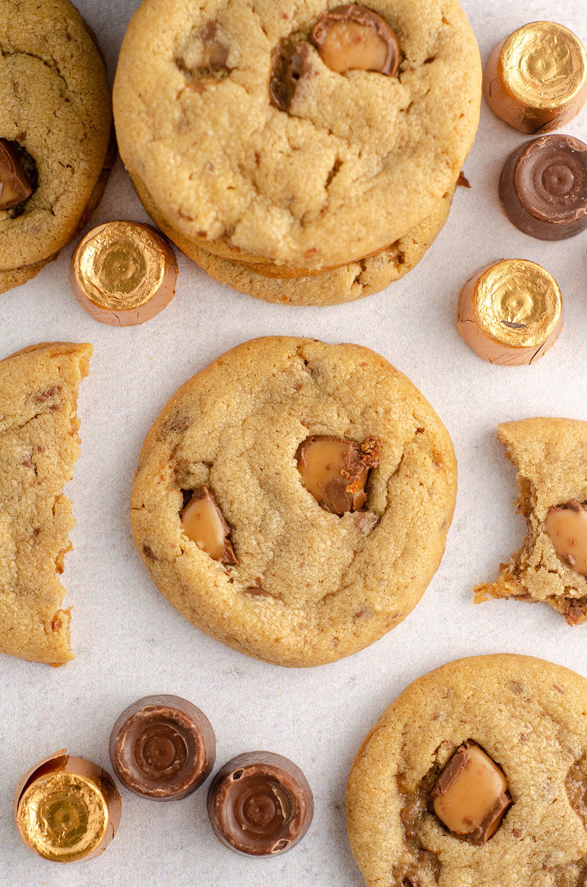 aerial photo of peanut butter rolo cookies surrounded by rolos