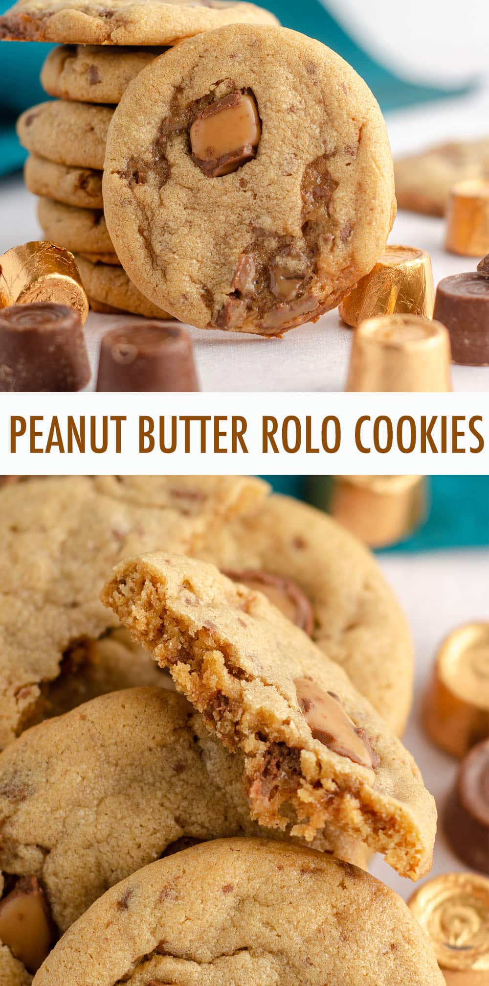 Soft and chewy peanut butter cookies filled with chopped Rolos. via @frshaprilflours