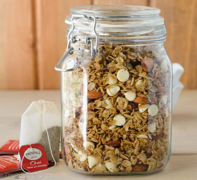 Chai Spiced Granola: Easy homemade granola spiced with the warm flavors of cinnamon, nutmeg, and cardamom. Perfect for a cold weather snack!