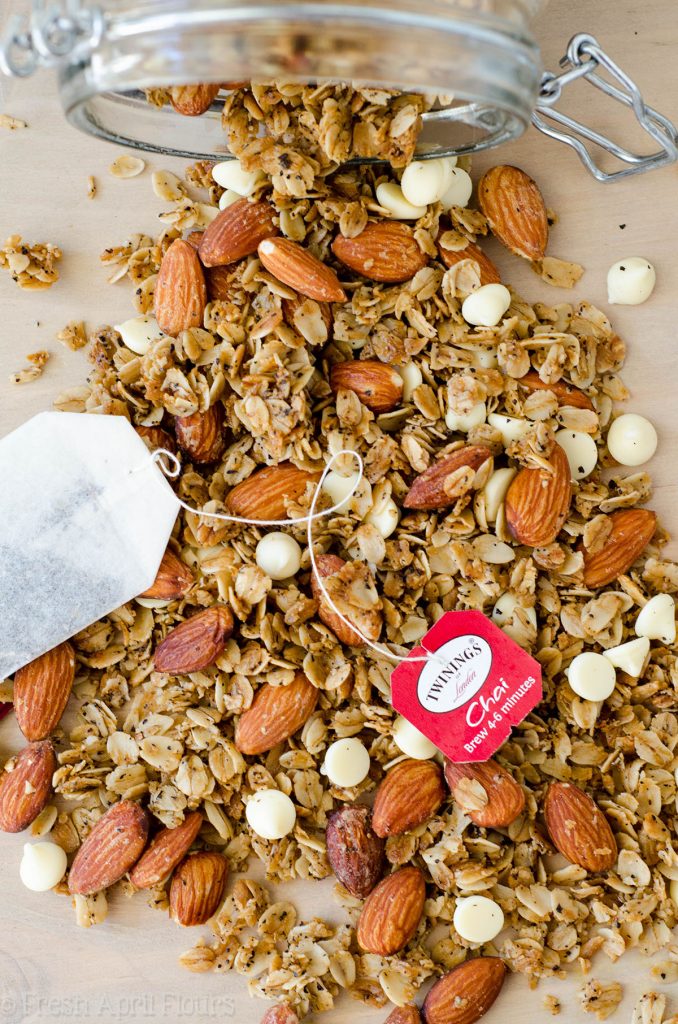 Chai Spiced Granola: Easy homemade granola spiced with the warm flavors of cinnamon, nutmeg, and cardamom. Perfect for a cold weather snack!