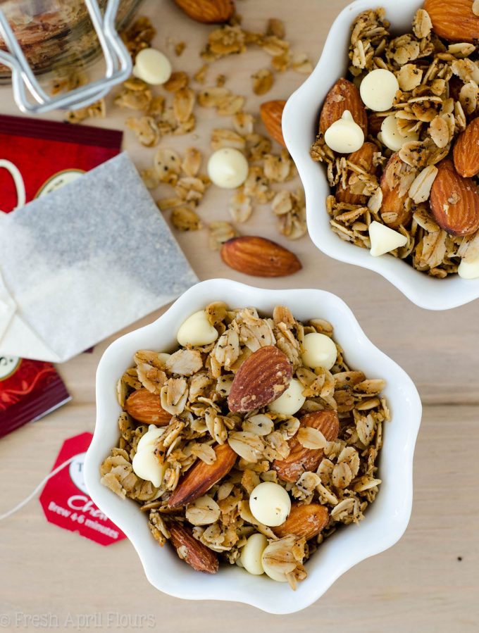 Chai Spiced Granola: Easy homemade granola spiced with the warm flavors of cinnamon, nutmeg, and cardamom. Perfect for a cold weather snack!