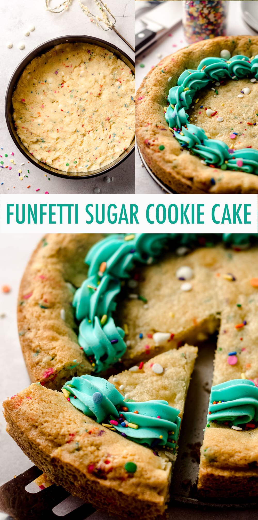 This giant sugar cookie cake recipe yields a soft and buttery center and crunchy edges. Top it with a creamy and buttery almond vanilla buttercream and sprinkles and you're ready for a celebration! via @frshaprilflours