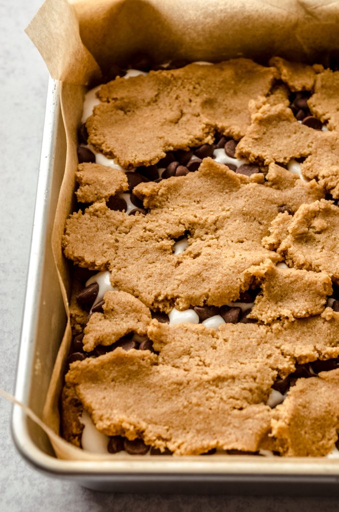 S'mores bars in a baking dish before baking.