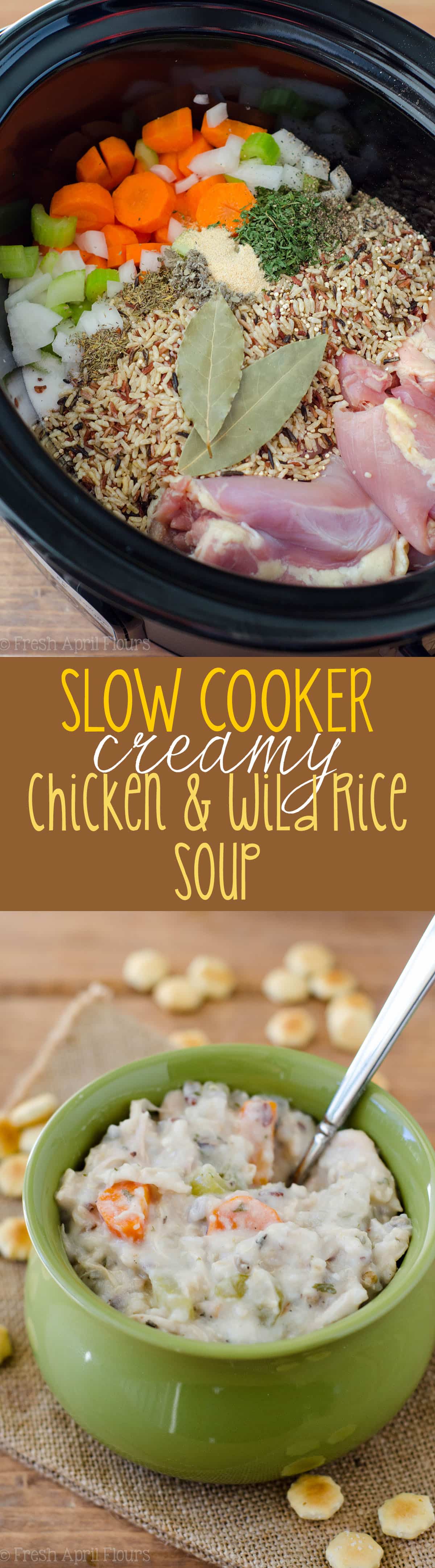 Slow Cooker Creamy Chicken and Wild Rice Soup: An easy set-it-and-forget-it recipe for creamy chicken and wild rice soup for the slow cooker. Perfect for cold weather and freezing for on-hand meals. via @frshaprilflours