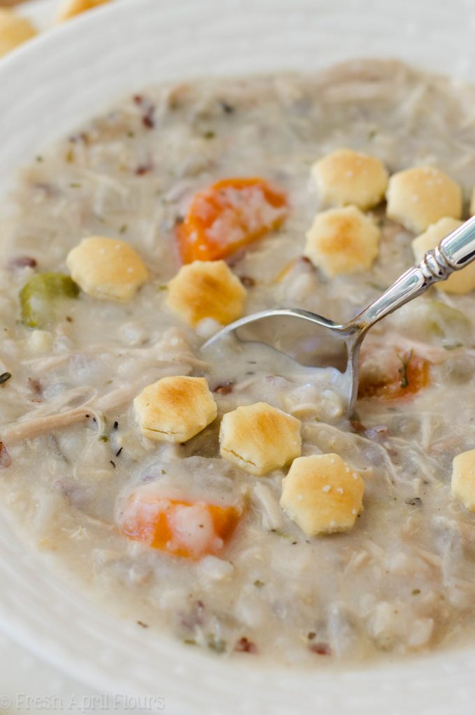 Slow Cooker Creamy Chicken and Wild Rice Soup: An easy set-it-and-forget-it recipe for creamy chicken and wild rice soup for the slow cooker. Perfect for cold weather and freezing for on-hand meals.