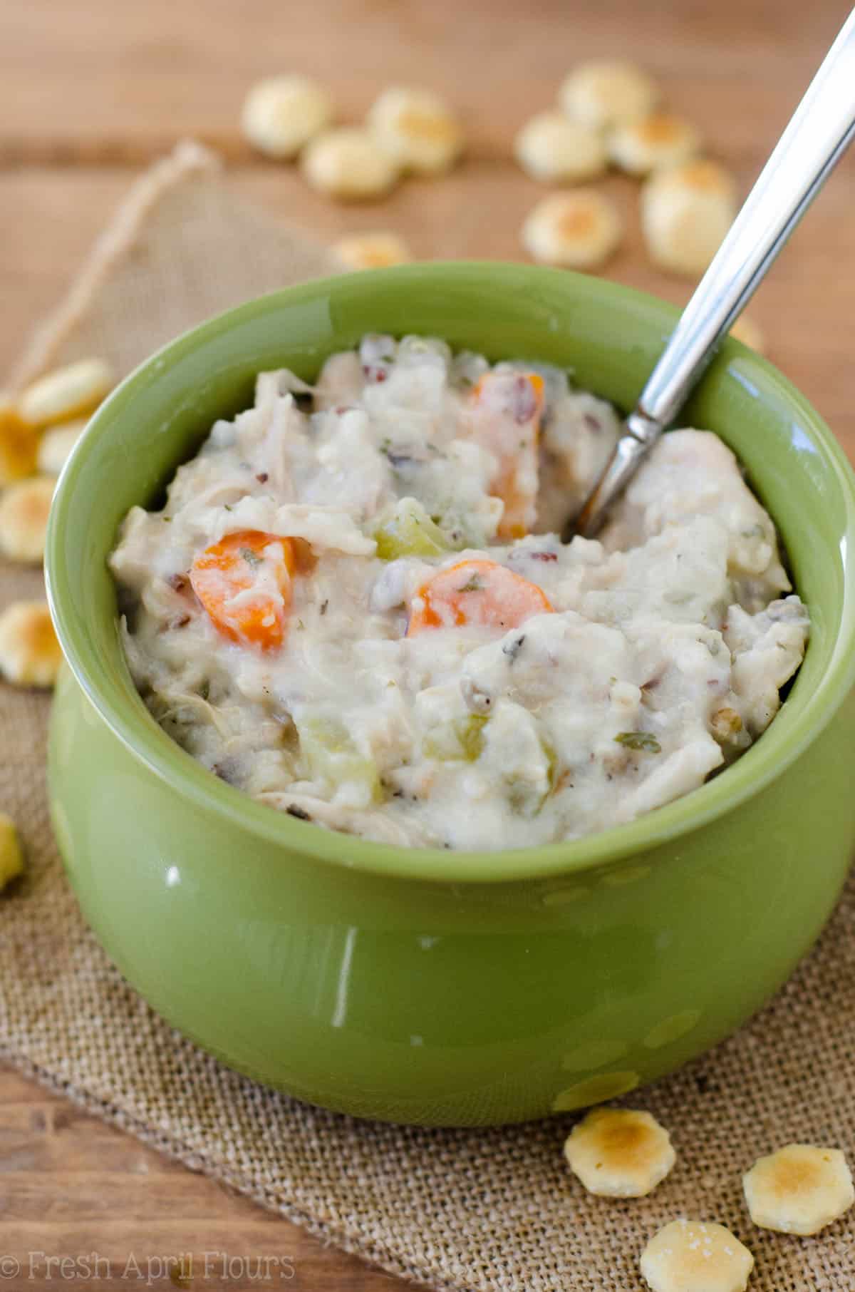Slow Cooker Creamy Chicken and Wild Rice Soup: An easy set-it-and-forget-it recipe for creamy chicken and wild rice soup for the slow cooker. Perfect for cold weather and freezing for on-hand meals.