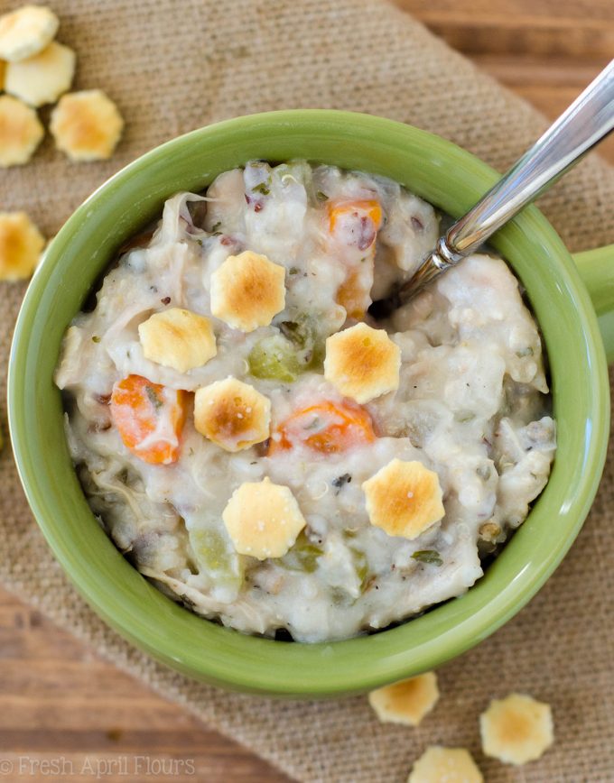 Slow Cooker Creamy Chicken and Wild Rice Soup: An easy set-it-and-forget-it recipe for creamy chicken and wild rice soup for the slow cooker. Perfect for cold weather and freezing for on-hand meals.