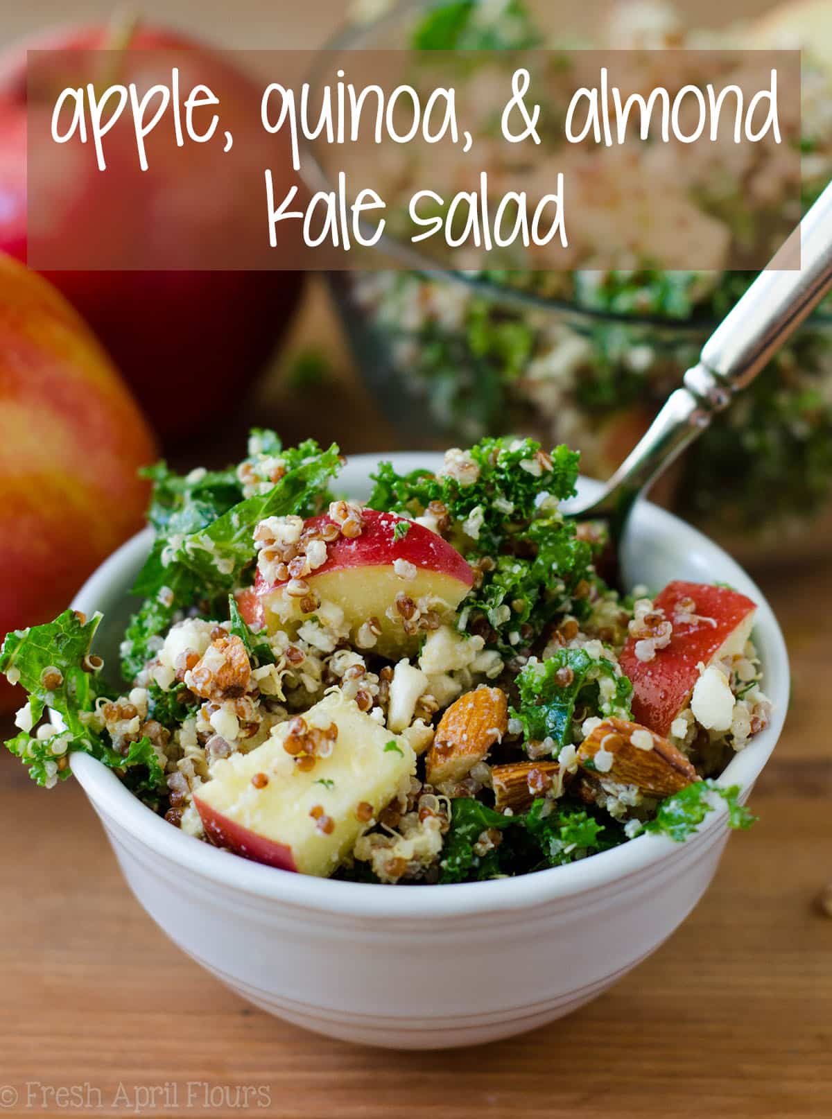 Apple, Quinoa, and Almond Kale Salad: An easy, no bake side dish packed with flavor, fiber, and protein.