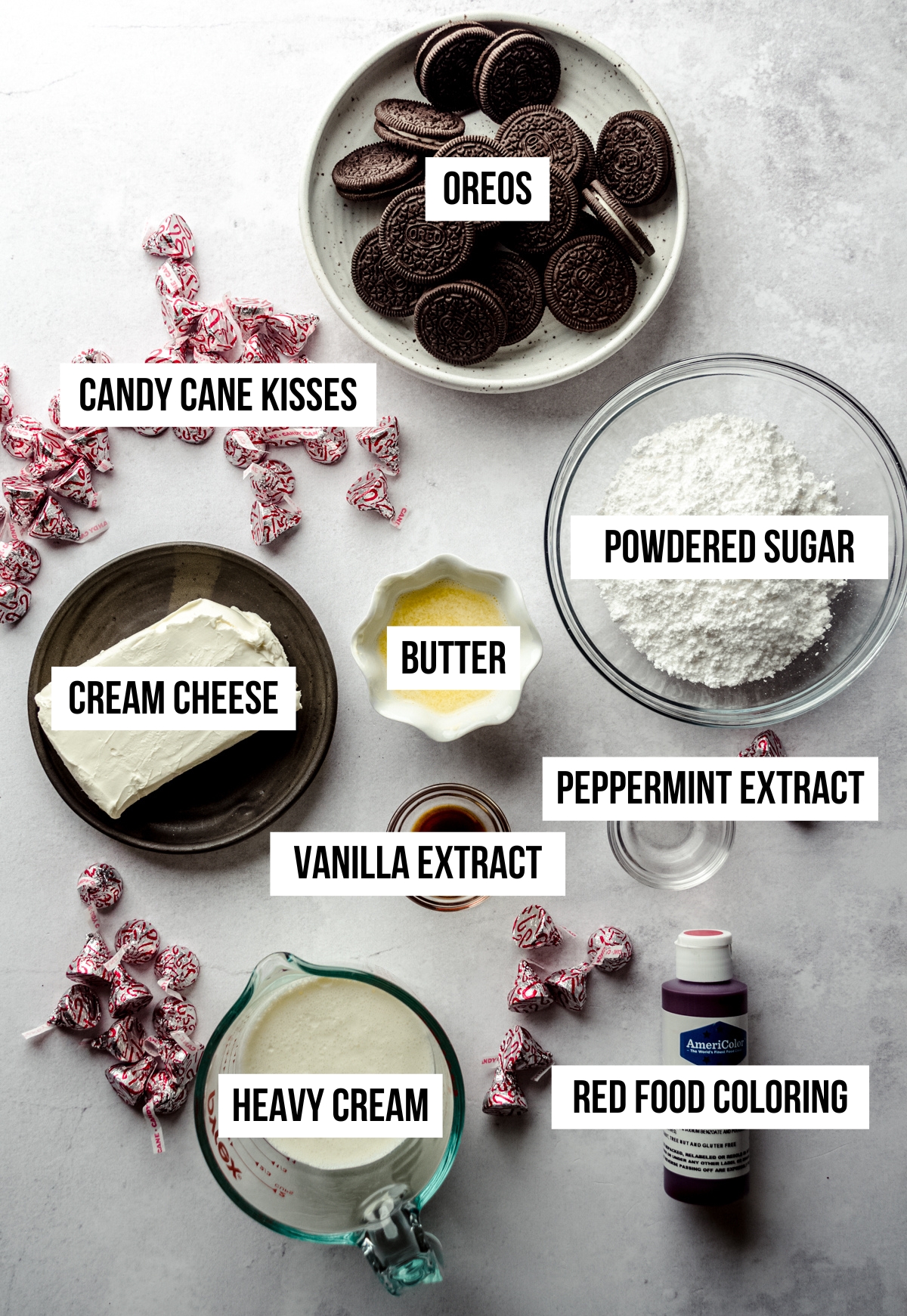 Aerial photo of ingredients for no bake peppermint pie with text overlay.